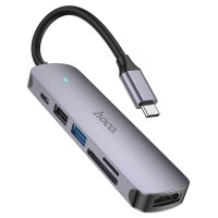 USB-C Хаб HOCO HB28 6in1 USB-C to HDTV+USB3.0+USB2.0+SD+TF+PD (Серый)