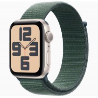 Apple Watch SE 2, 44 мм, корпус из алюминия цвета "Сияющая звезда", ремешок Sport цвета «Темный Зеленый».